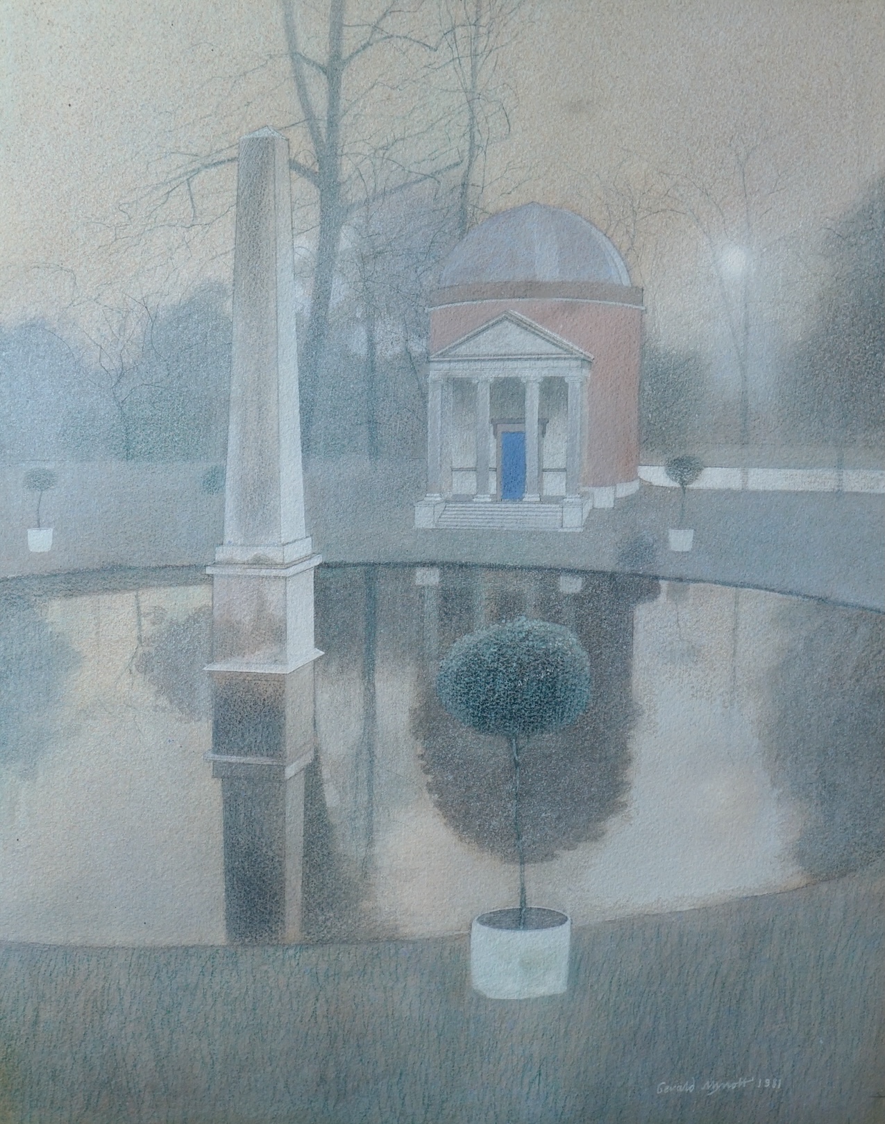 Gerald Mynott (English, b.1957), watercolour, 'Temple and Obelisk, Chiswick House', signed and dated 1981, Francis Kyle Gallery label verso 42 x 33.5cm. Condition - good